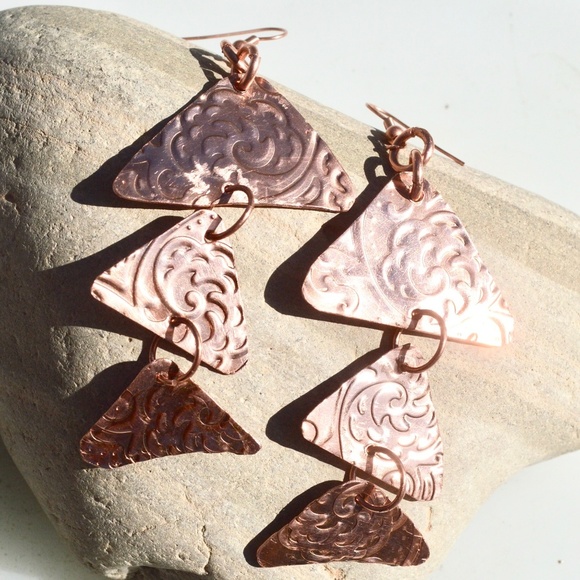 Triangle Geometric Copper Earrings Fish Scales Pattern Handmade Boho Gift Rustic - Picture 7 of 8